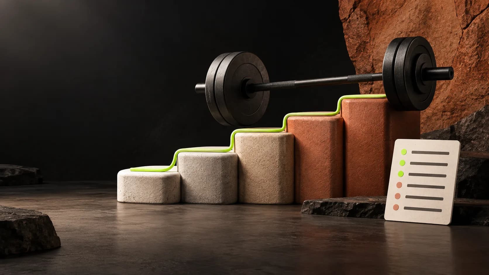 Sculptural barbell crossing a stepped progression path beside a simple workout checklist.