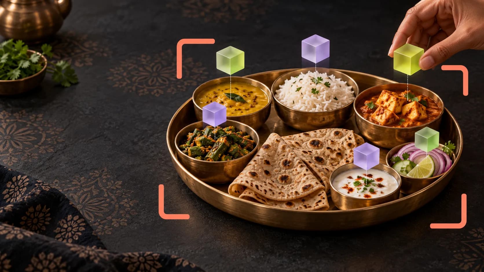 Indian thali inside a camera frame with editable translucent estimation cubes above each dish.