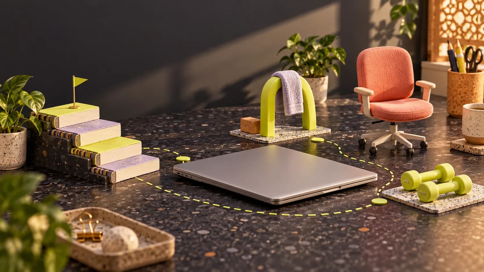 Miniature office desk with notebook stairs, a stretch arch, and tiny dumbbell movement stations.
