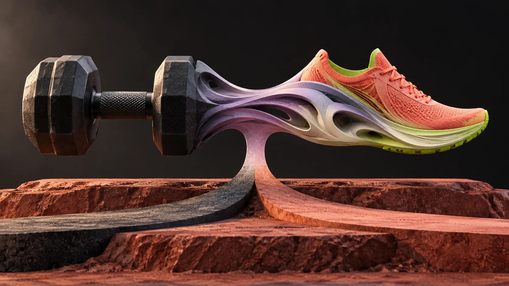 Sculptural dumbbell transforming into a running shoe above two paths merging into one.