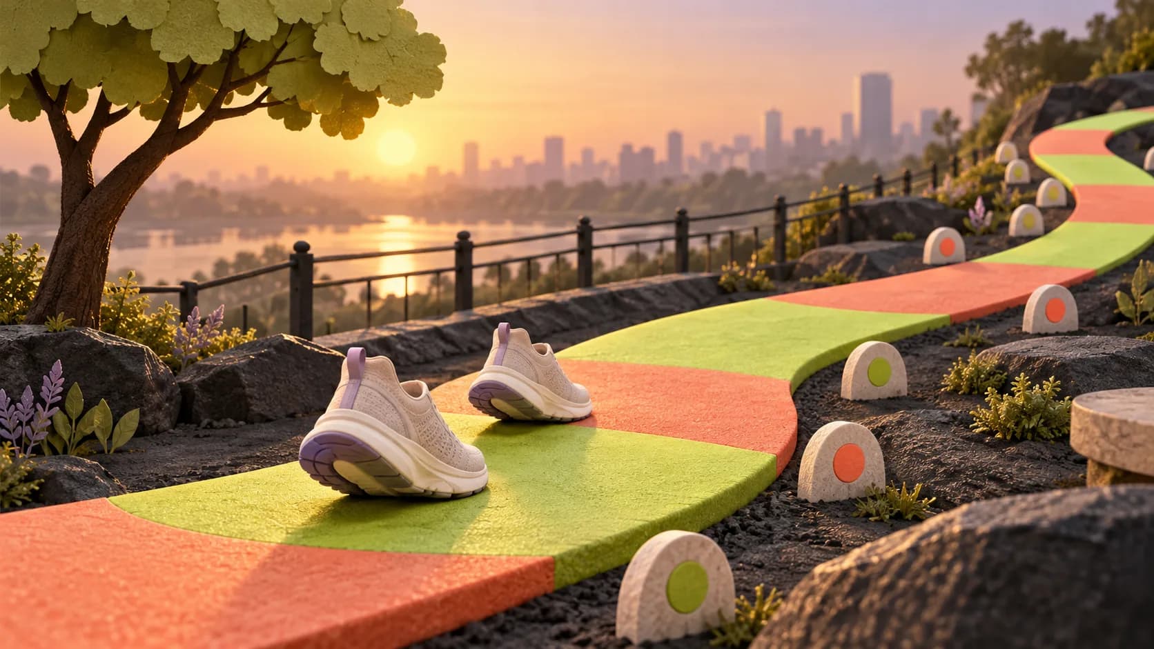 Walking shoes following a path made of alternating lime and coral interval segments.
