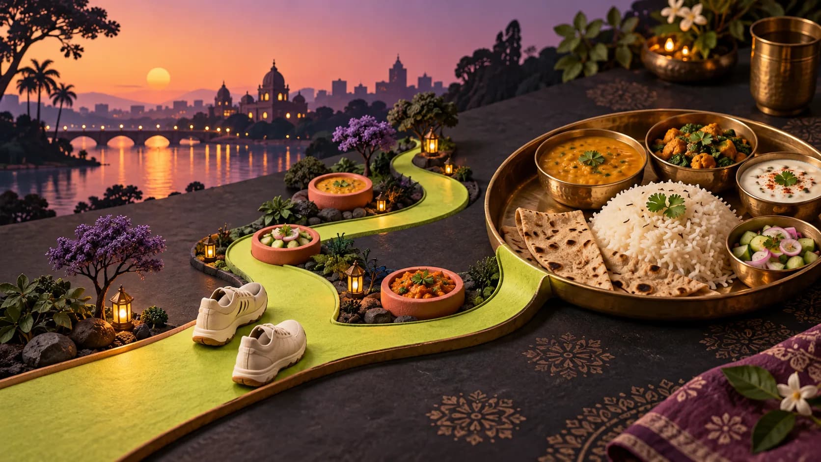 Indian thali transforming into a lime walking path through a calm evening city.