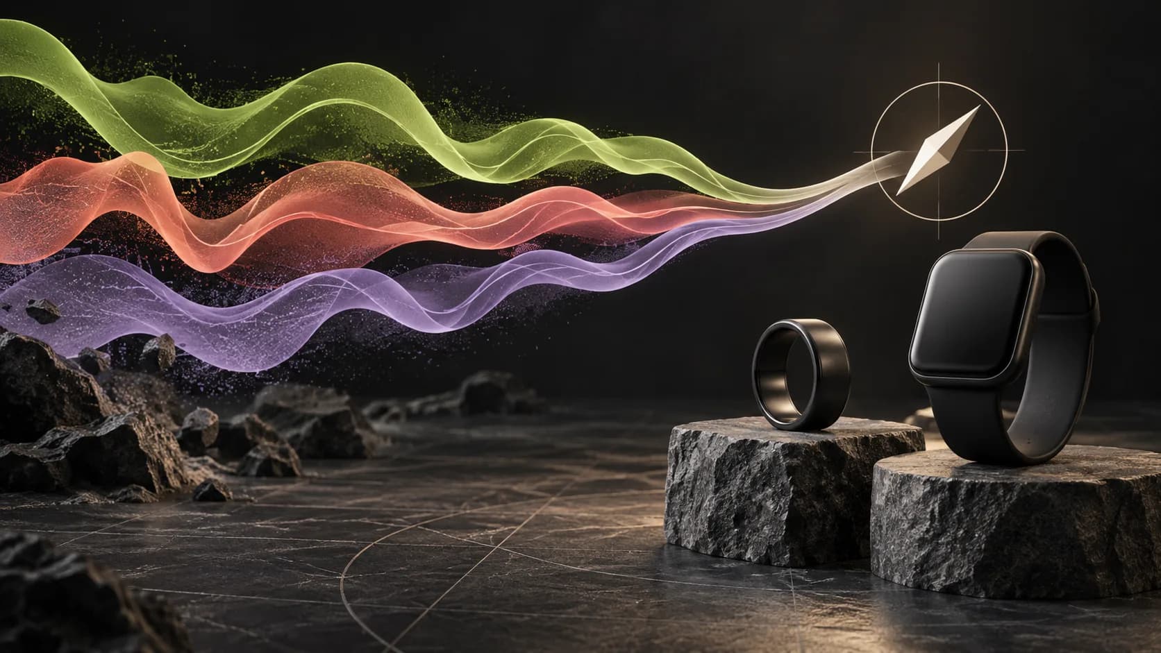 Sculptural wearable ring and watch turning colourful data waves into a compass direction.