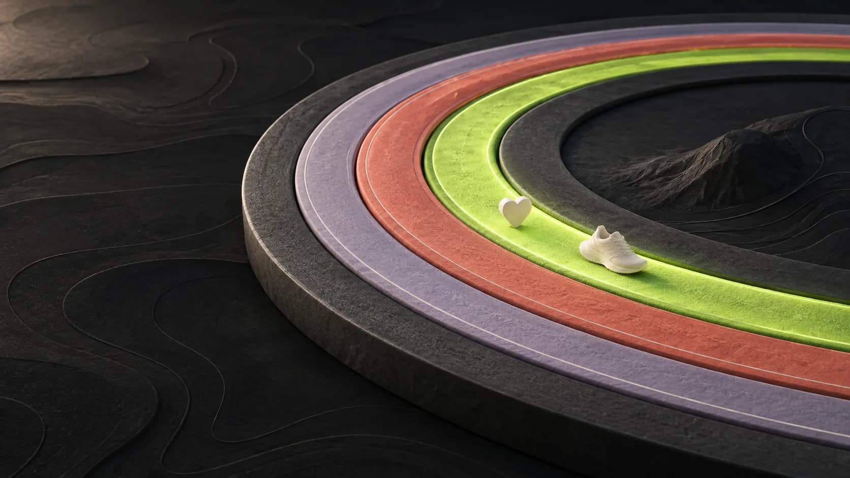 Sculptural five-ring cardio track with a walking shoe moving steadily through the glowing second zone.