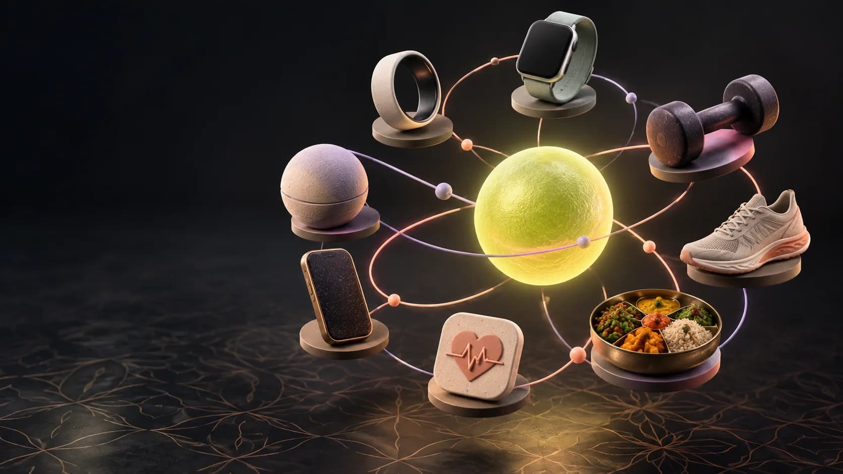 Sculptural orbit of fitness wearables, a dumbbell, walking shoe, Indian food, and tracking tools.
