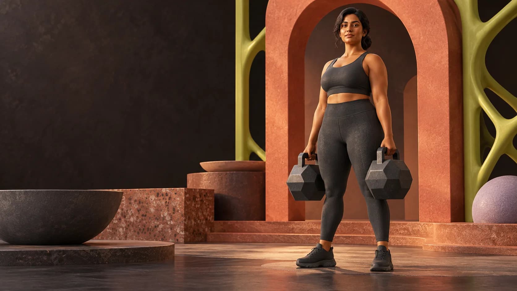 Stylised Indian woman carrying geometric weights in front of a strong architectural arch.
