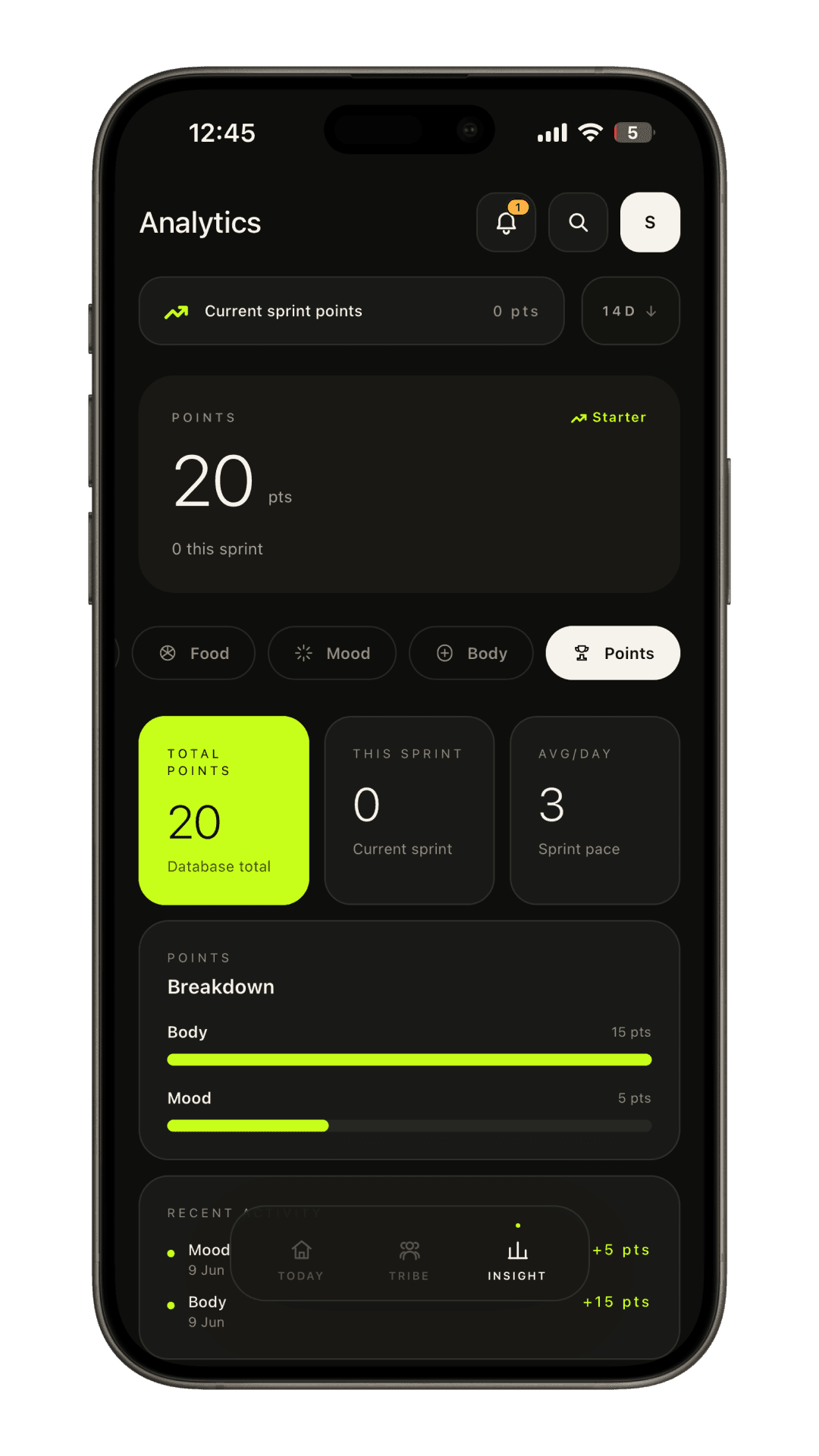 Iterofit mood check-in screen